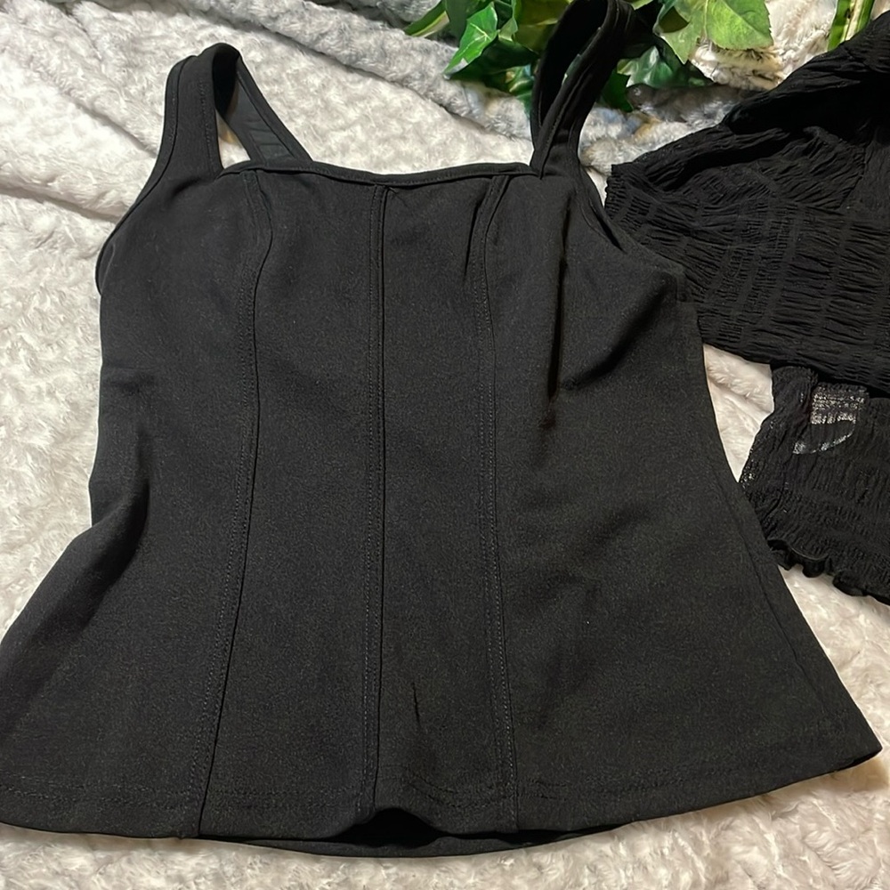 Lot of 2 Tops/ 2 Black Tops SHEIN SZ:M 1 Tank w ribbing 1 sheer long sleeves NEW - Picture 3 of 11